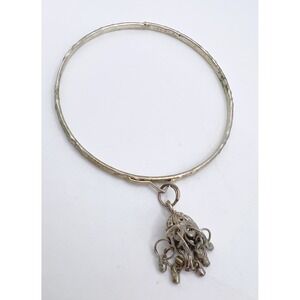Vintage Silver Tone Textured Bangle Bracelet w Filigree Dangle Charm